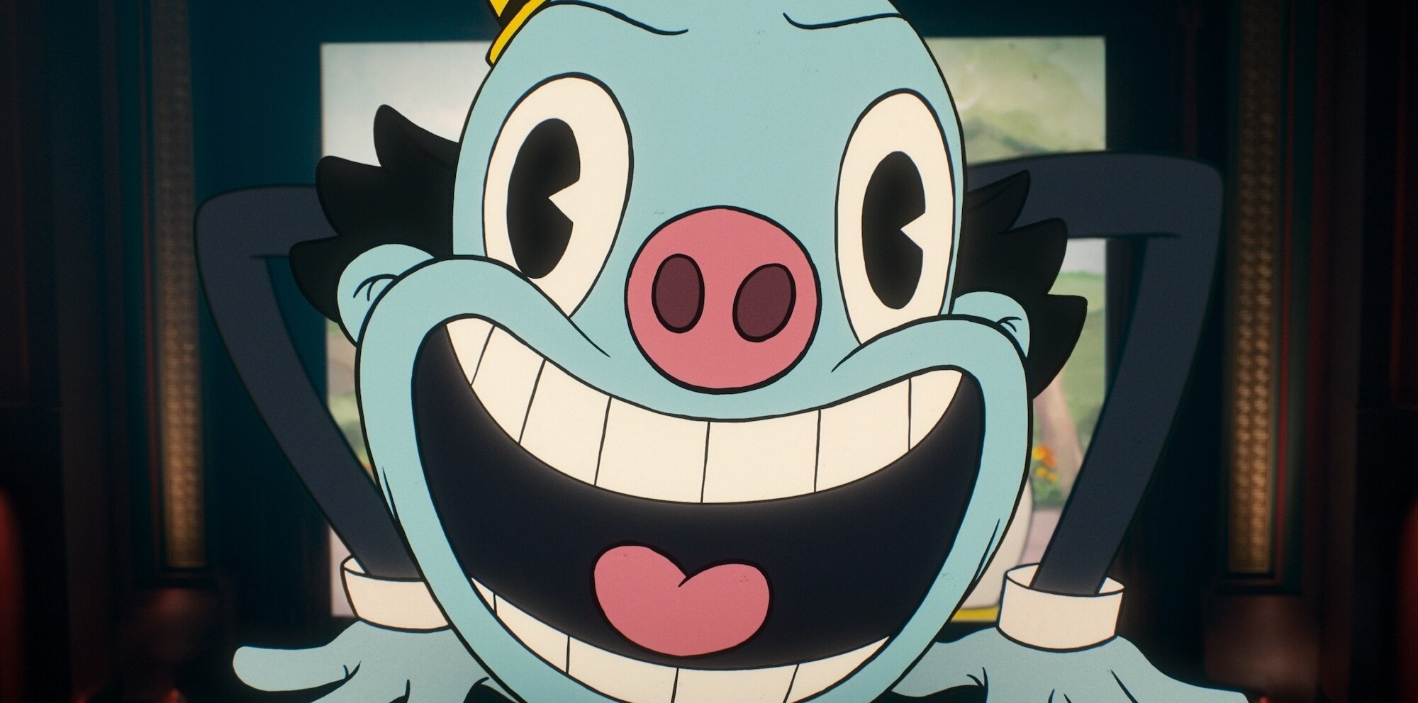 Mr Ring-a-Ding, the animated villain of the episode crawling out of a cinema screen.