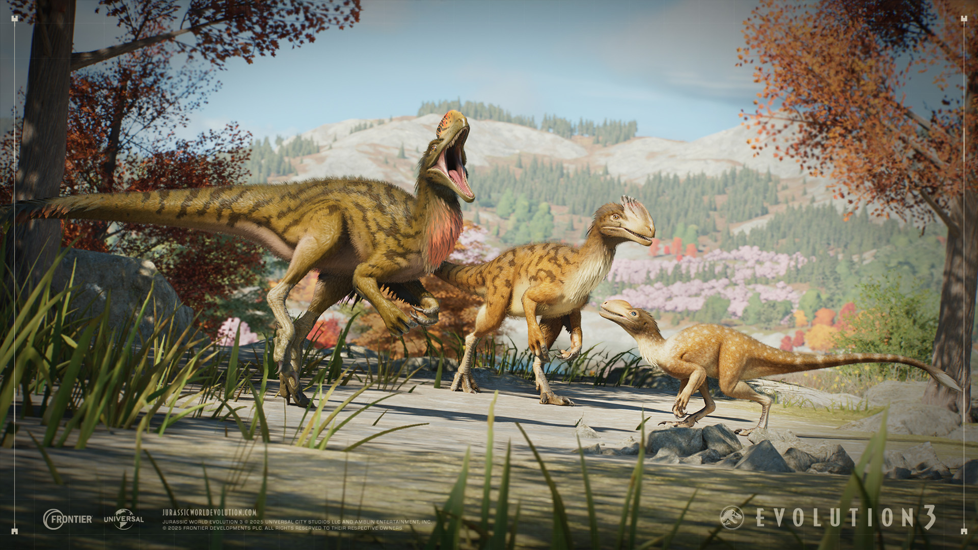 A family unit of Guanlong, a feathered dinosaur species. 