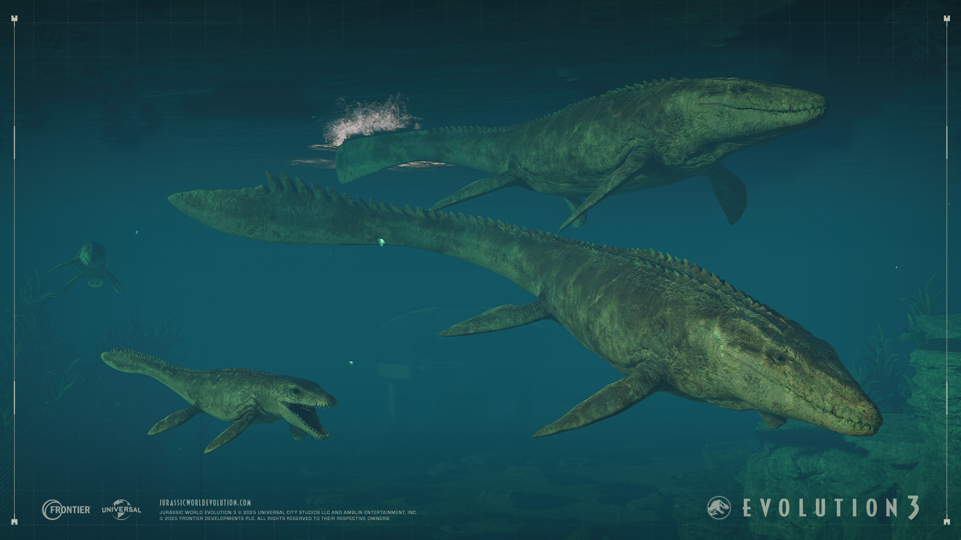 A family unit of Mosasaur, an aquatic prehistoric creature. 
