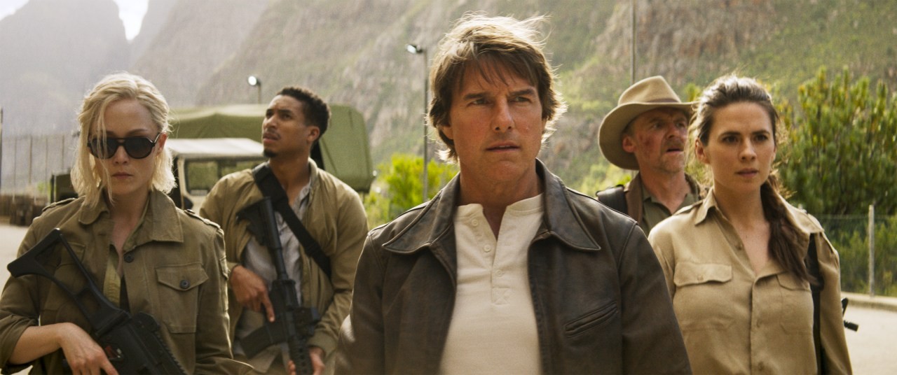 From left to right: Pom Klementieff as Paris, Greg Tarzan Davis as Degas, Tom Cruise as Ethan Hunt, Simon Pegg as Benji Dunn and Hayley Atwell as Grace