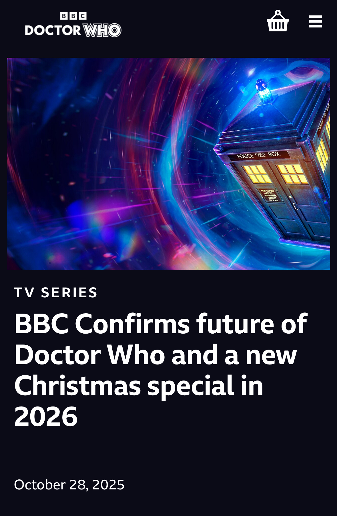 A screenshot of the Doctor Who website where they announced the this years now cancelled Christmas special back in 2025